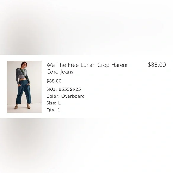 We The Free NWT Lunan Crop Harem
Cord Jeans Color Overboard Size L - Picture 7 of 16